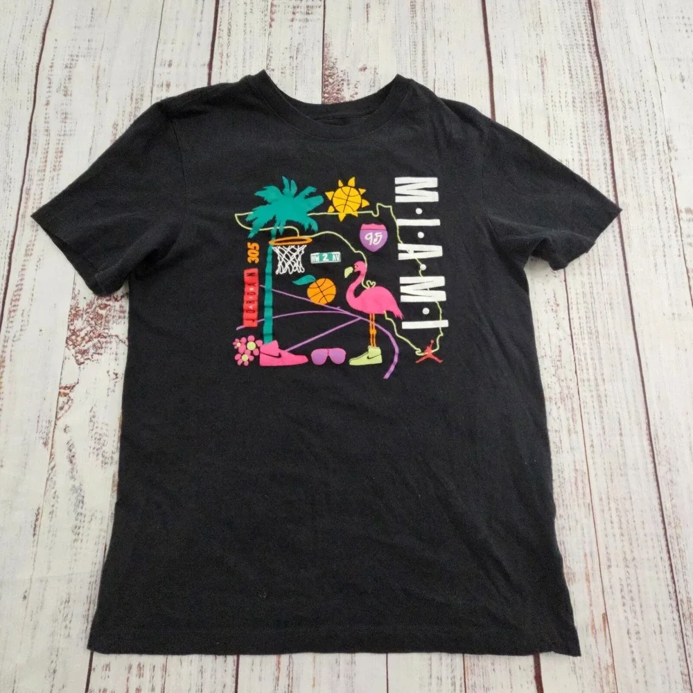 Air Jordan Miami 305 Basketball Black Short Sleeve Cotton T-Shirt Men's S